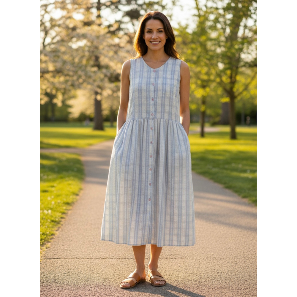 Allison Blair Blue Stripe Sleeveless Midi Dress Button Front Pockets Cottagecore